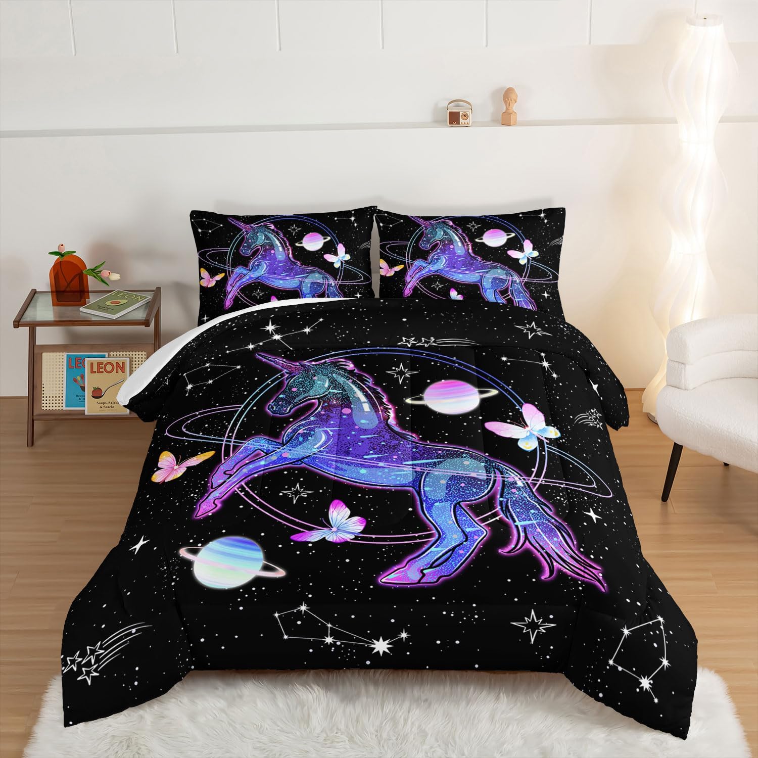 HOSIMA Unicorn Bedding Sets for Girls Kids,Butterfly Star Empty Galaxy Comforter,Unicorn Bedroom Decor for Girls Boys,Soft Black Comforter Full Size Bed in a Bag Set,Butterfly Crib Bedding Set.
