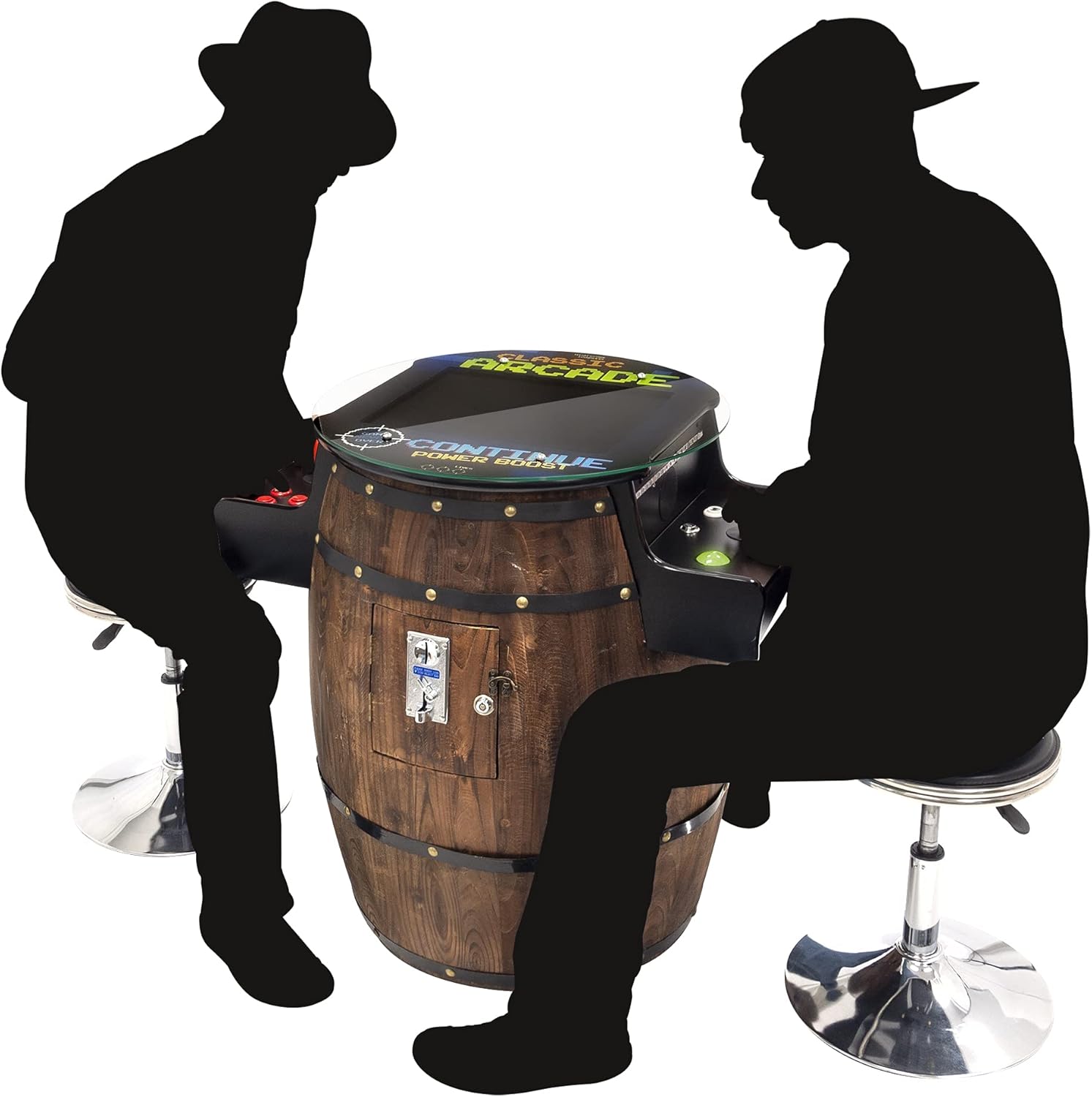 Creative Arcades Full-Size Commercial Grade Wine Barrel Style Pub Arcade Machine | Standard/Medium/Large | Classic Games | 2 Sanwa Joysticks | 2 Stools (Medium, 412 Game, 19" Screen, Wood Finish)