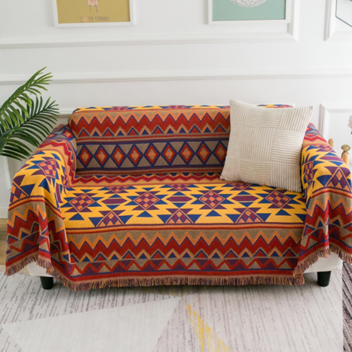 LumiSyne Cotton Woven Throw Blanket With Tassel Double-Sided Jacquard Bohemian Geometric Pattern Vintage Ethnic Style Decorative Throws For Sofa Bed Armchair Camping Blanket Tapestry Tablecloth Carpet