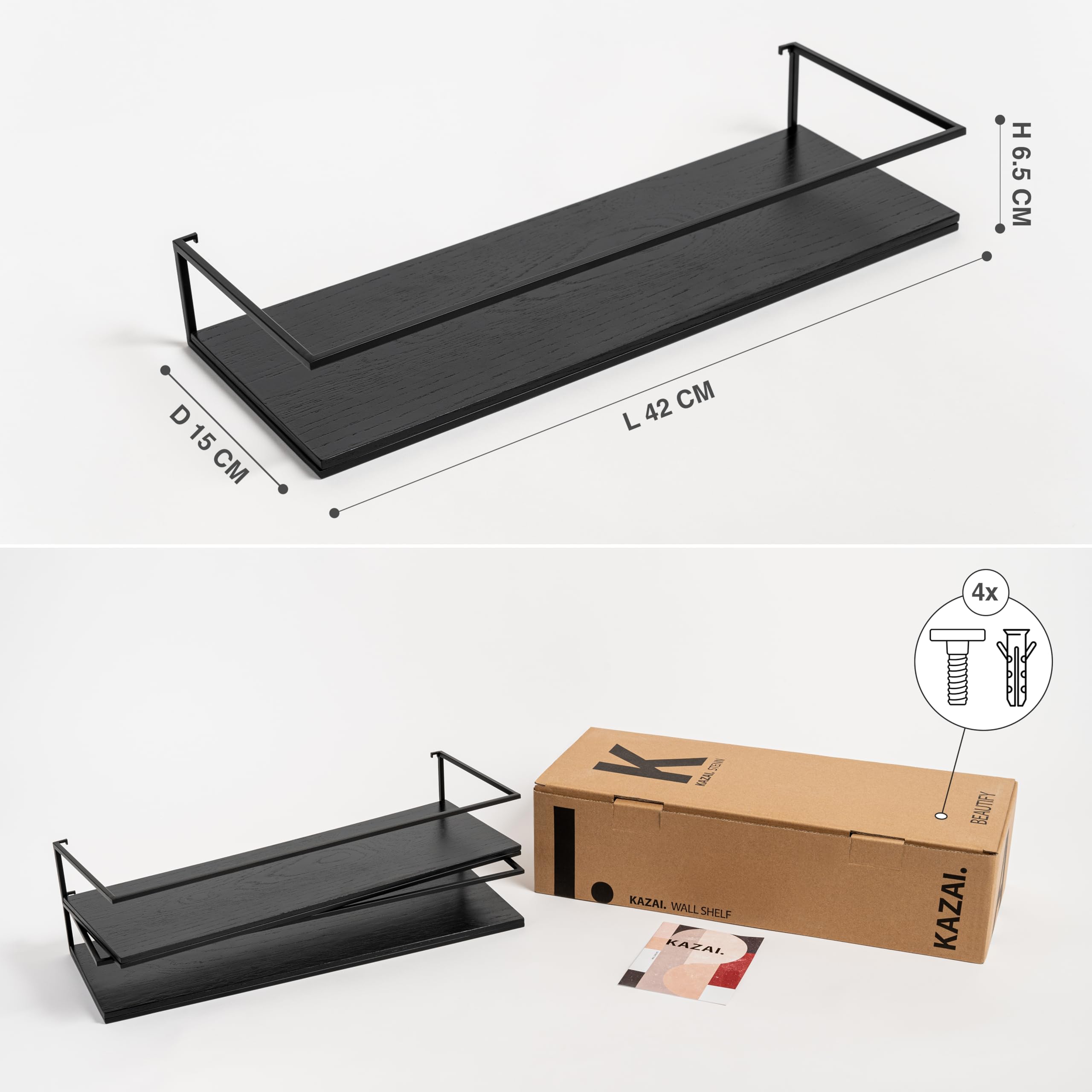 KAZAI.® Wandplank-Set 'Toke' | 3 zwevende wall shelves in echt houtfineer | Floating shelf als wanddecoratie en opbergruimte voor badkamer, woonkamer, keuken, slaapkamer en meer | Walnoot