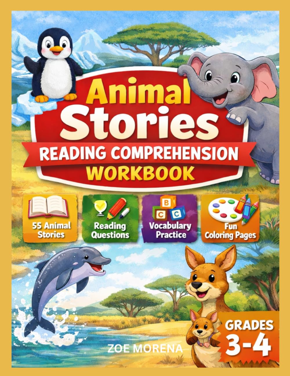 Animal Stories Reading Comprehension Workbook: 55 Short Animal Stories with Questions, Vocabulary Practice, Coloring Pages & Glossary for Grades 3–4 | Reading Skills, ESL & Homeschool Worksheets