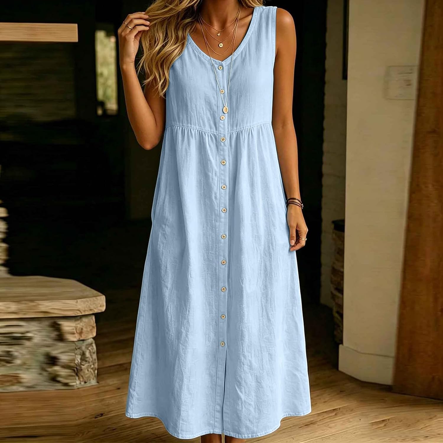Summer Linen Dresses for Women Button V Neck Sleeveless Midi Dress Casual Cotton Gauze Shift Dress with Pockets