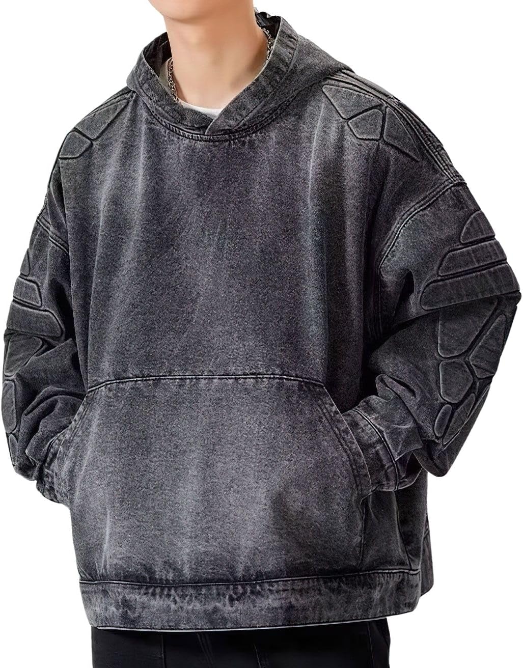 chouyatou Men's Vintage Denim Pullover Hoodie Jacket Distressed Hooded Oversized Jean Jacket Sweatshirt Tops