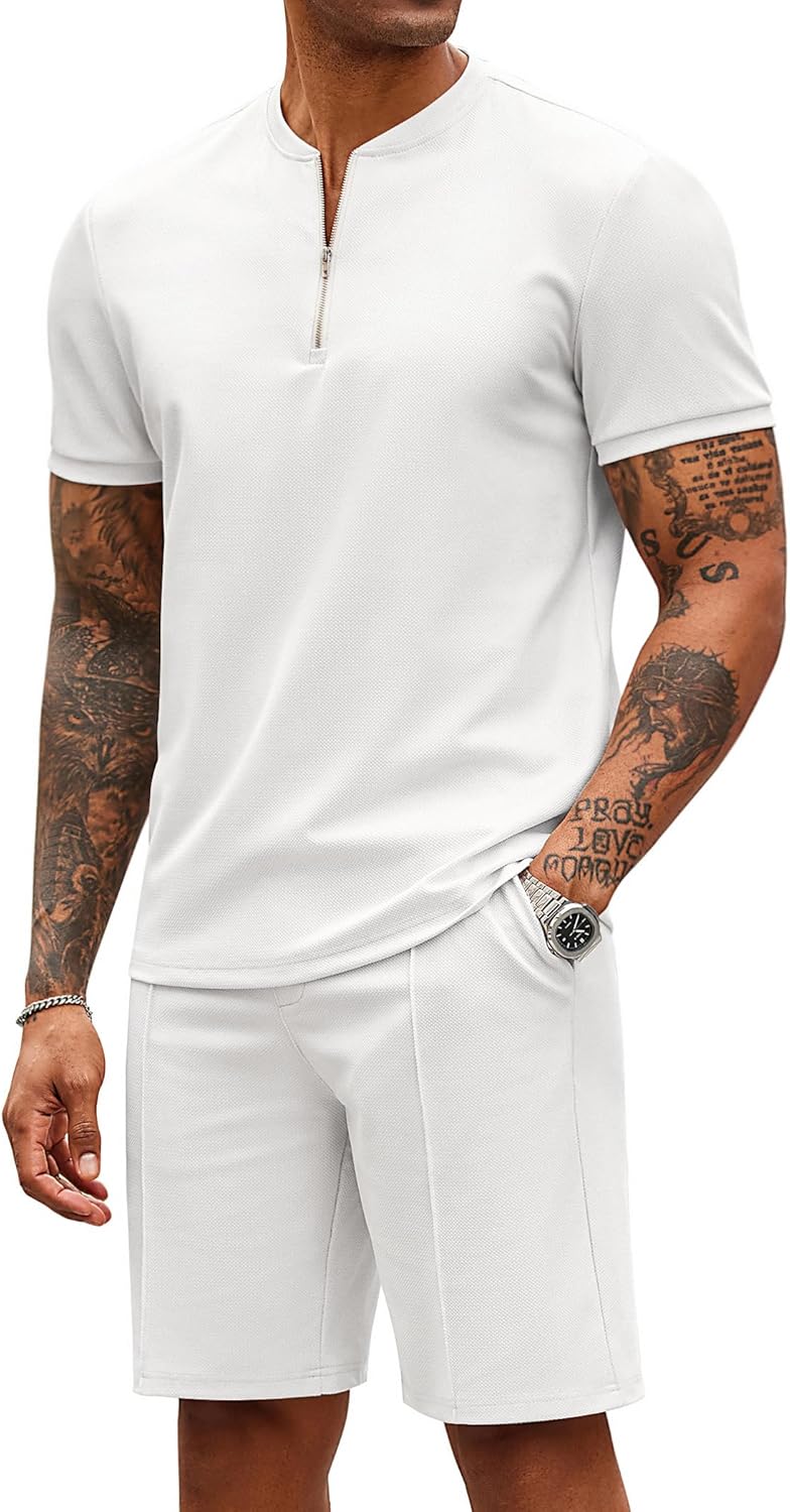 COOFANDY Men's 2 Pieces Outfits Casual Quarter Zip Polo T Shirt and Shorts Set Athletic Jogging Summer Tracksuit