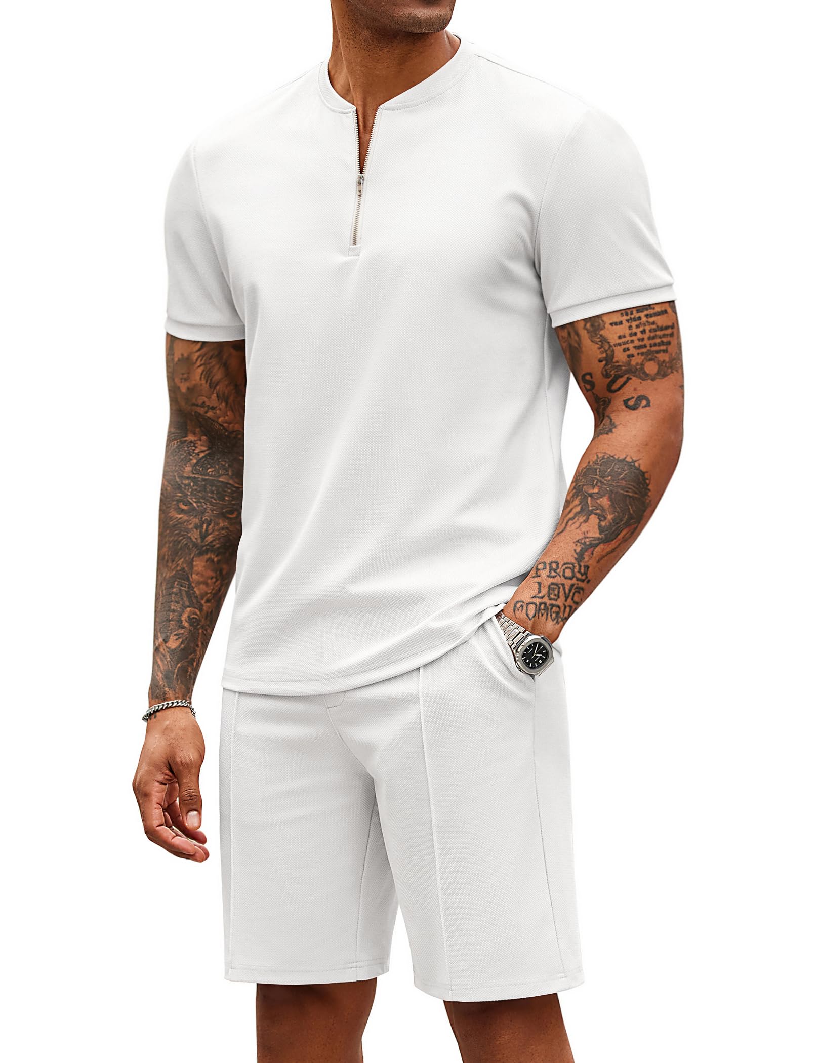 COOFANDY Men's 2 Pieces Outfits Casual Quarter Zip Polo T Shirt and Shorts Set Athletic Jogging Summer Tracksuit