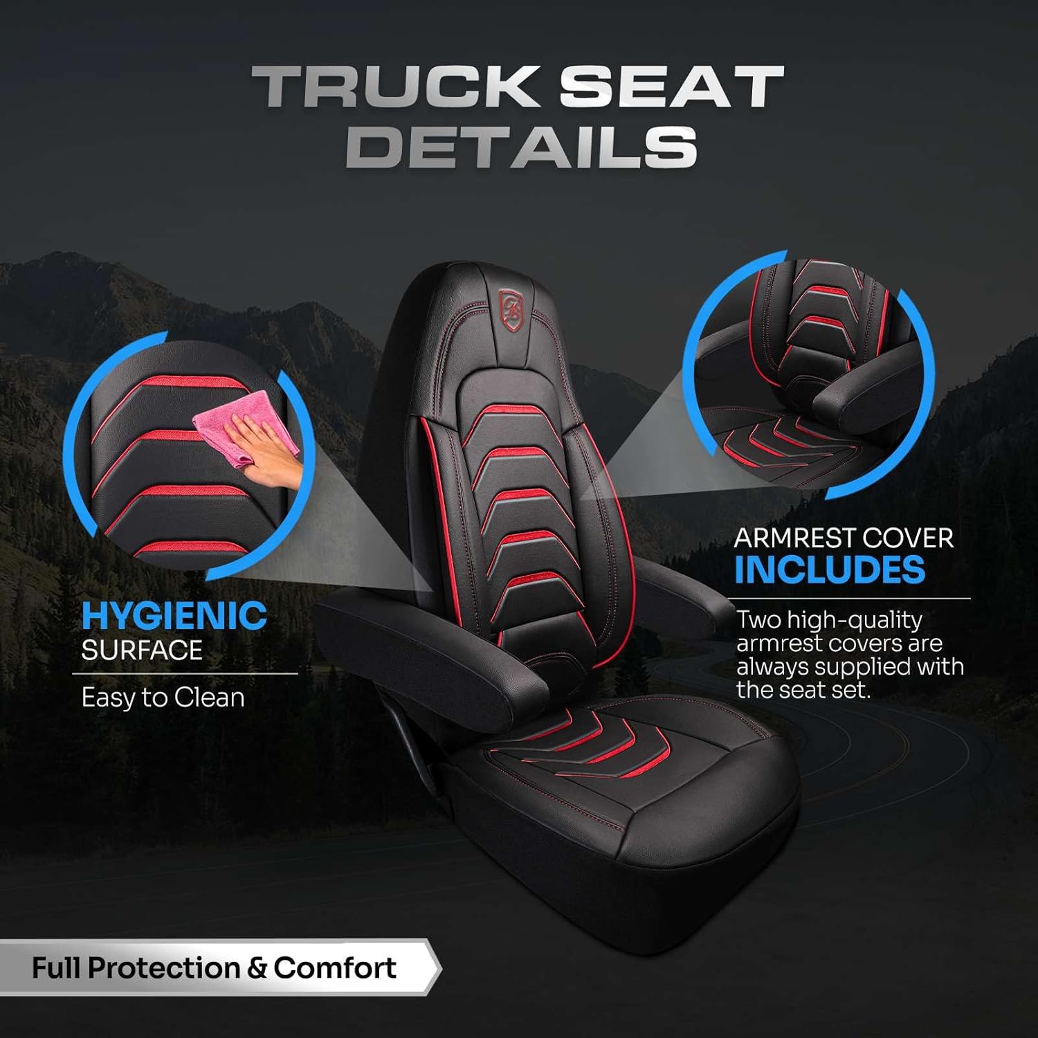 Custom Fit Truck Seat Cover for Peterbilt 579, 567 – Premium Vinyl Fabric – Black with Red Stitching – Includes Armrest Covers and Assebly Tool