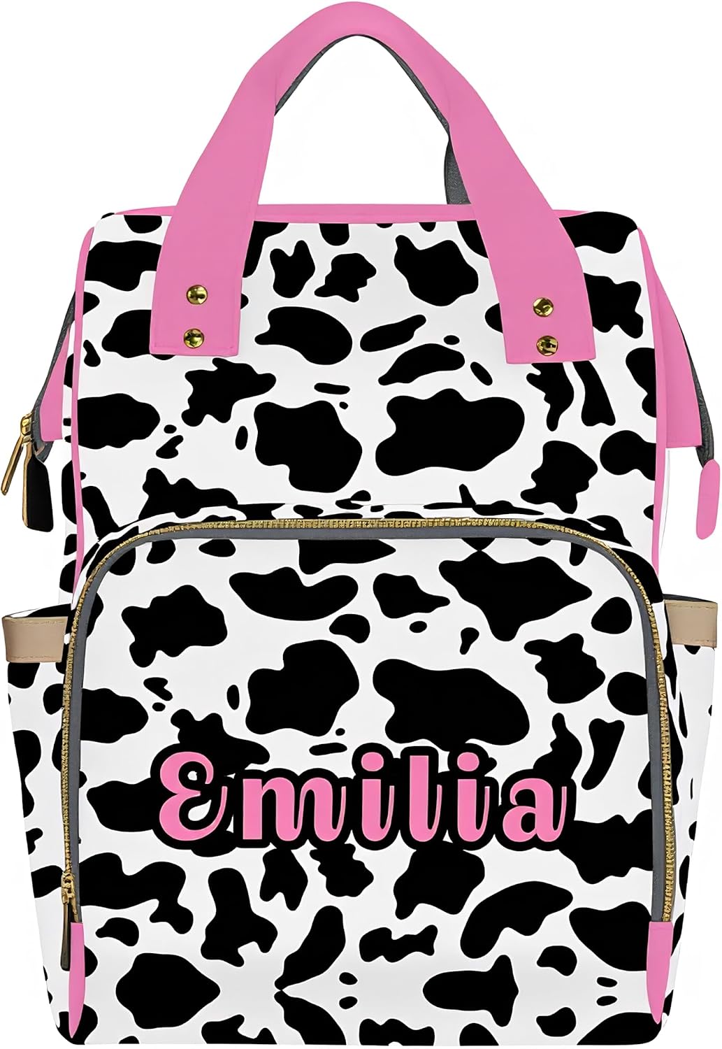 Custom Diaper Bag with Name, Personalized Diaper Backpack for Mom/Women, Large Capacity Bag for Girls Boys Cow Print