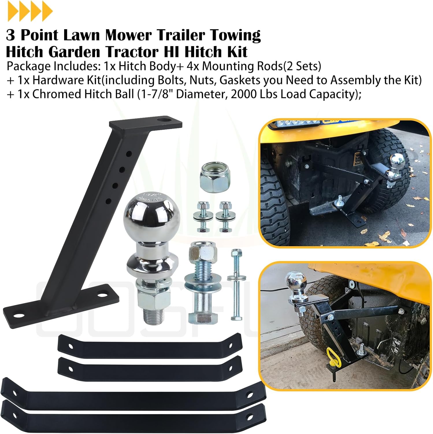 Tractor Lawn Mower Trailer Towing Hitch with Chrome Trailer Hitch Ball, 2,000 lbs, 1-7/8-Inch Diameter, 3/4 x 2-Inch Shank for Cub Cadet Husqvarna Craftsman and All Conventional Mowers