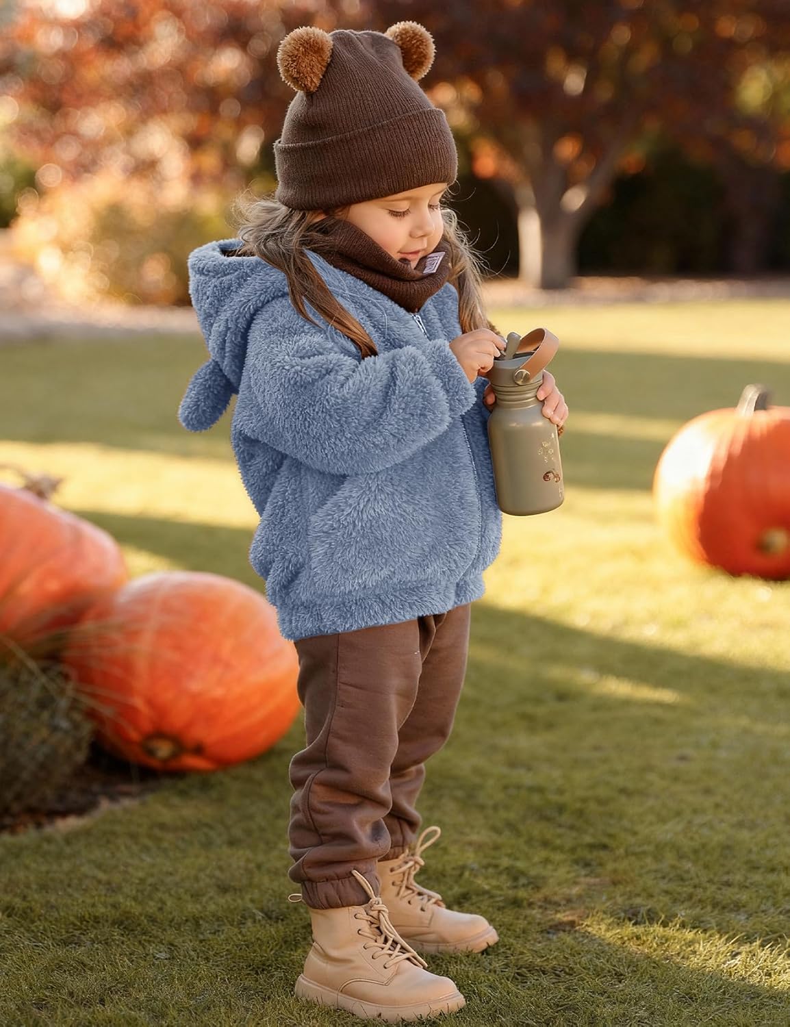 Flygo Girls Boys Fleece Hooded Jacket Unisex Toddler Sweatshirt Bear Ear Zip Up Sweater Outwear Hoodie - Image 3