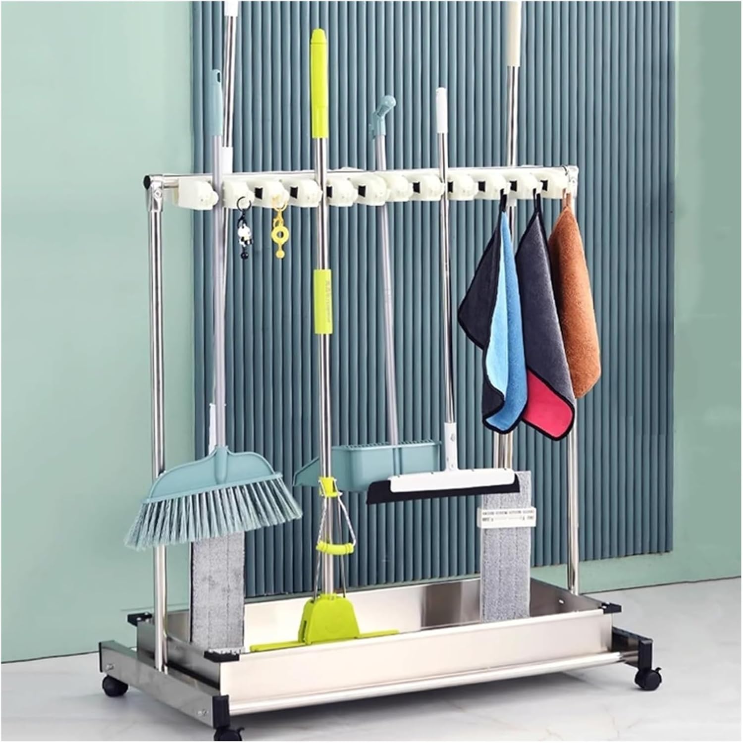 Movable Broom Mop Holder, Cleaning Cart On Wheels, Rack to Hang Brooms and Mops, Cleaning Organizer for Garage,
