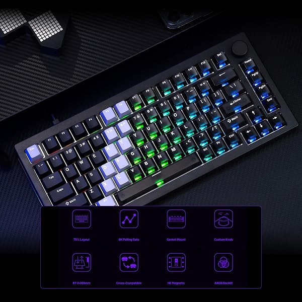 Akko 5075 V3 HE Clavier à déclenchement Rapide, commutateurs magnétiques à Effet Hall, taux d'interrogation de 8 000 Hz, RT 0,005 mm, Disposition US 75%, RGB (Noir Transparent Hybride dégradé) - 2