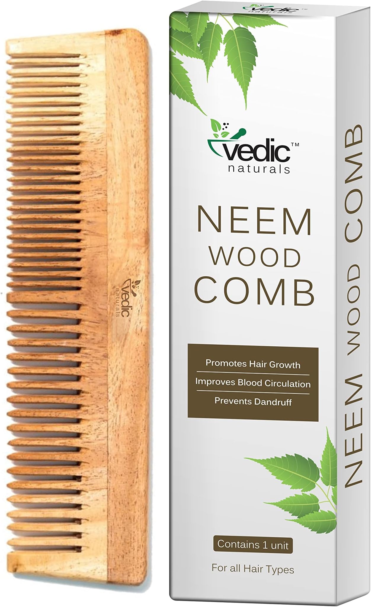 100% Pure & Natural Neem Wood Comb | Promotes Hair Growth, Reduces Hair Fall & Control Dandruff | Wide & Thin Teeth