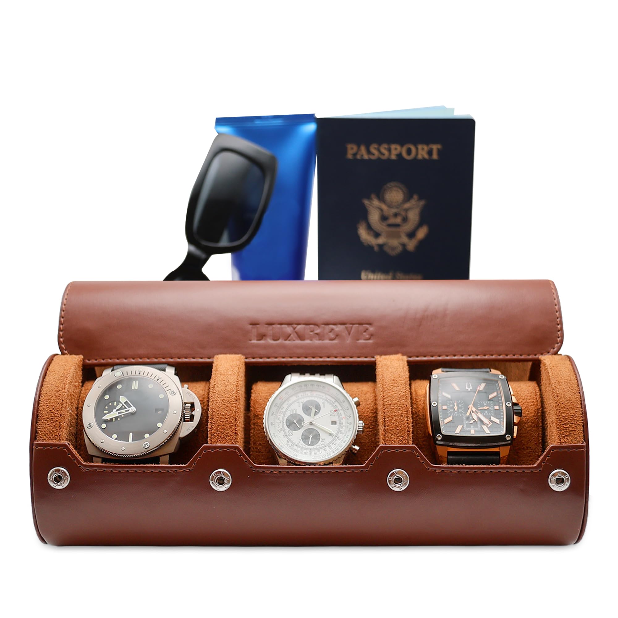 Lux Reve Perfect for Summer Trip– Travel Watch Case for 3 Watches, Stylish Leather Organizer with Soft Interior, Removable Pillows, Bonus Pouch, Compact Storage for Home, Travel or Display. Brown