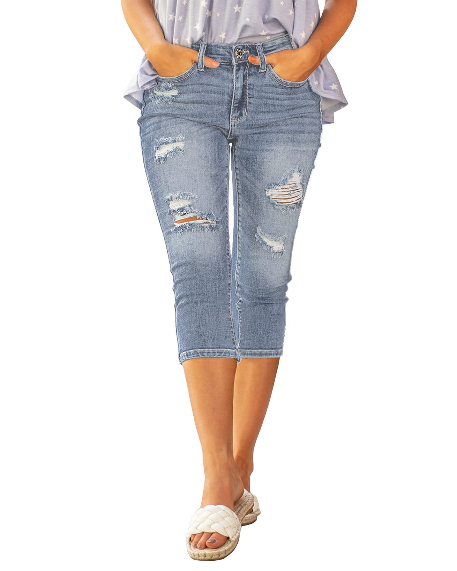 VetineeCropped Jeans for Women High Waisted Capri Stretchy Jeans Ripped Denim Trouser