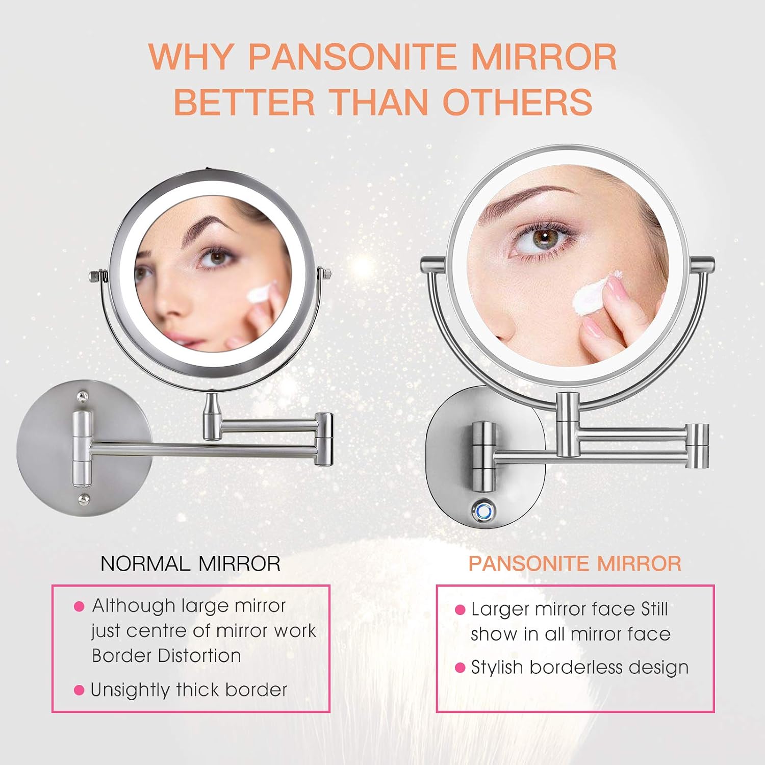 Pansonite LED Wall Mount Makeup Mirror with 10x Magnification, 8.5'' Double Sided 360° Swivel Vanity Mirror with 13.7" Extension and Adjustable Light for Bathroom & Bedroom, Brushed Finished