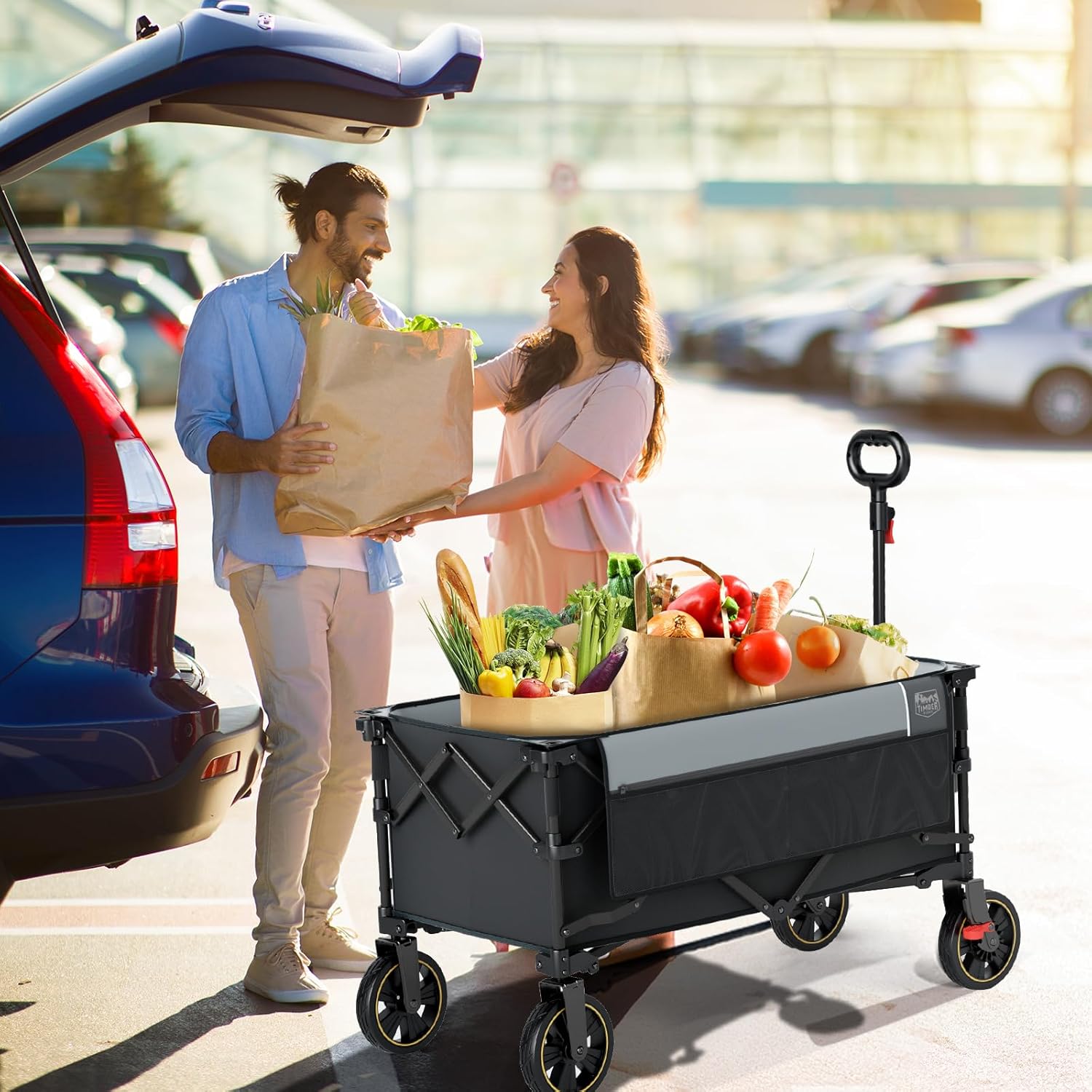 Timber Ridge Collapsible Wagon Cart with Brakes, 200L Large Capacity Compact Portable Easy to Carry Folding Wagon, Utility Grocery Cart for Camping, Gardening, Shopping