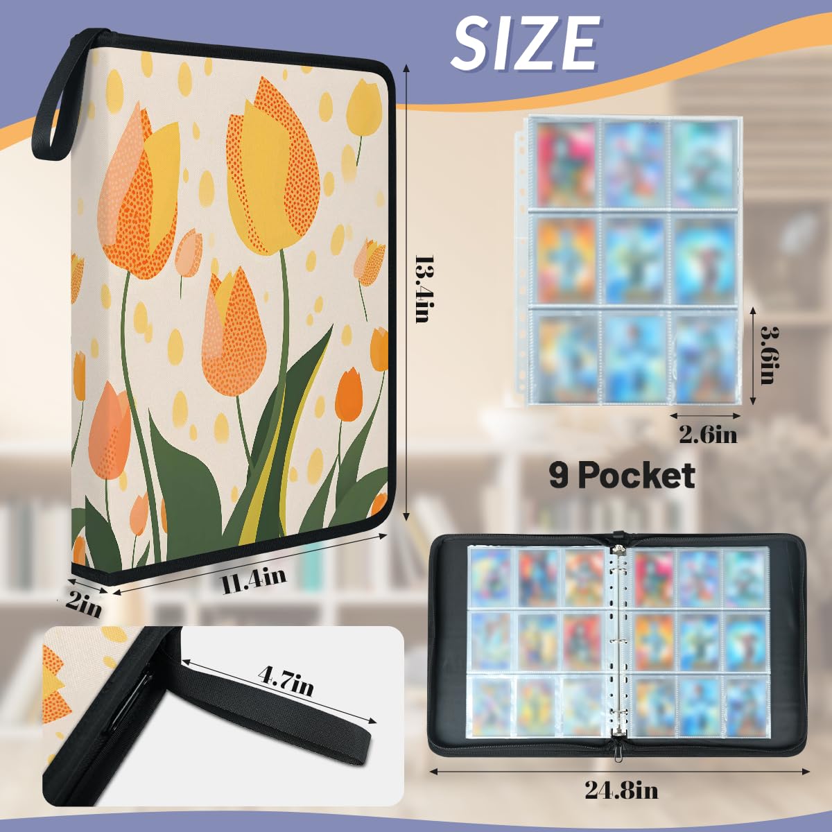 Raccoglitore per carte con 9 tasche, 900 tasche, con chiusura a cerniera (tulipano arancione a pois)