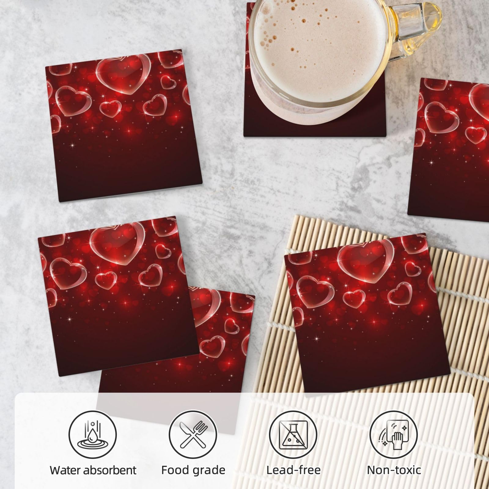 Lot de 6 dessous de verre absorbants en céramique avec base en liège Motif cœur rouge
