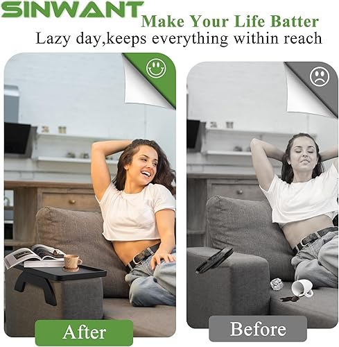 Miniatura 6 de SINWANT Mesa de brazo de sofá, bandeja de bambú para reposabrazos, 13.78 pulgadas con clip para sofá en la mesa para el hogar, sala de estar,
