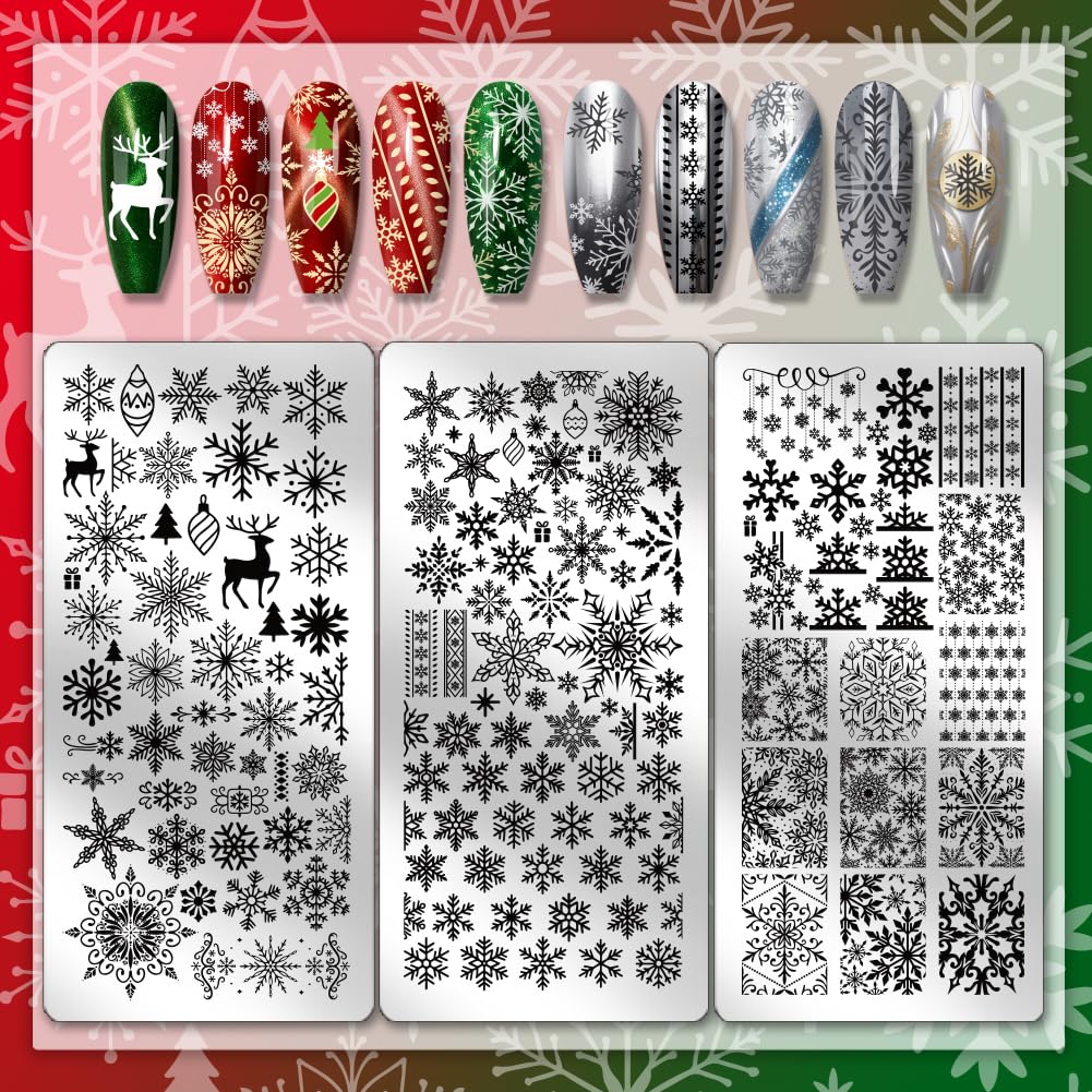 PH PandaHall 3pcs Snowflakes Nail Stamp Plate Christmas Nails Art Template Winter Snowflake Nail Image Plate Nail Art Stencils for Xmas Women Manicure Salon Decoration 12x6cm - Image 3