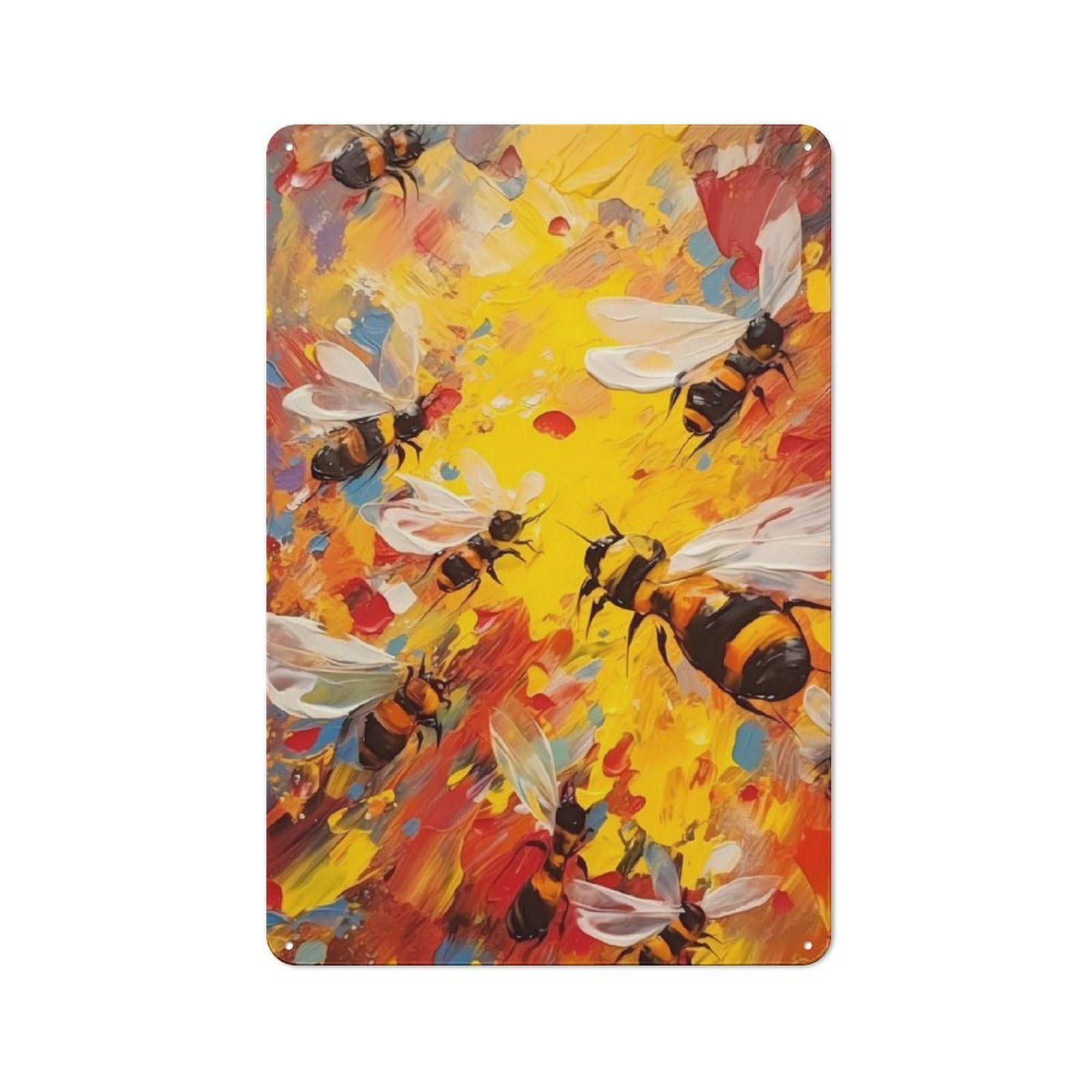 Farmhouse Bee Painting Country Metal Sign 30x20cm, Cottage Wall Art for Farmhouse Kitchen, Pantry Or Dining Area