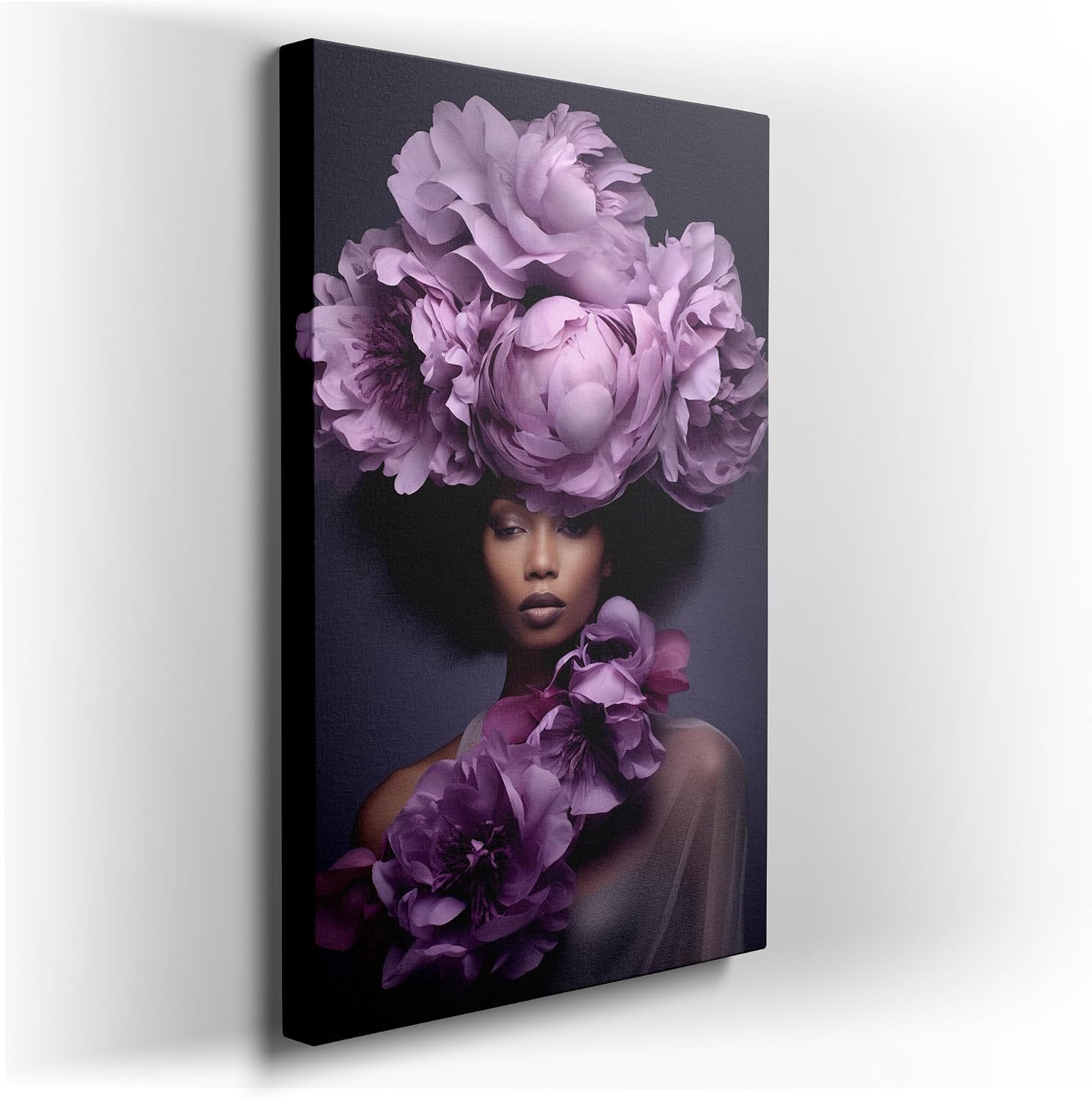 Canvas for Living room. Blossoming Serenity: A Portrait of Tranquil Beauty Wrapped in Florals, 27 x 18 inch Canvas Wall Art - Contemporary Masterpieces - Botanical Home Decor - 69x46 cm (27x18 inch)