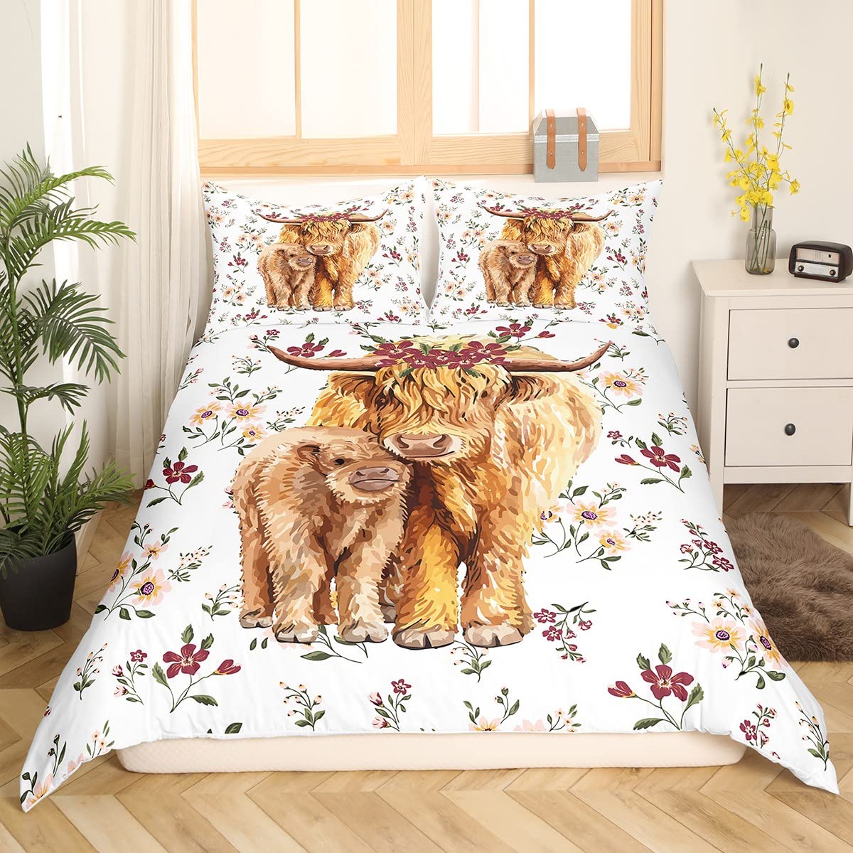 Housse de couette vache des highlands King Size et sa parure de lit rustique florale