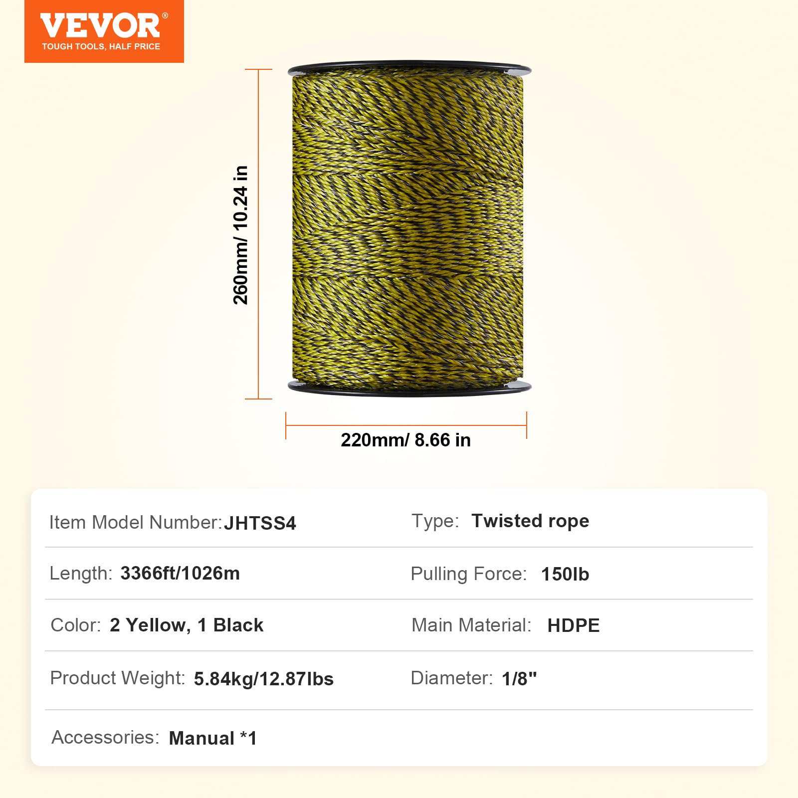 VEVOR Alambre para Cerca Eléctrica de Energía Solar, 1026 m Alambre de Polietileno Portátil de 6 Hebras de Acero Inoxidable de 3,175 mm de Diámetro Línea de Cuerda para Cercas para Ganado, Caballos