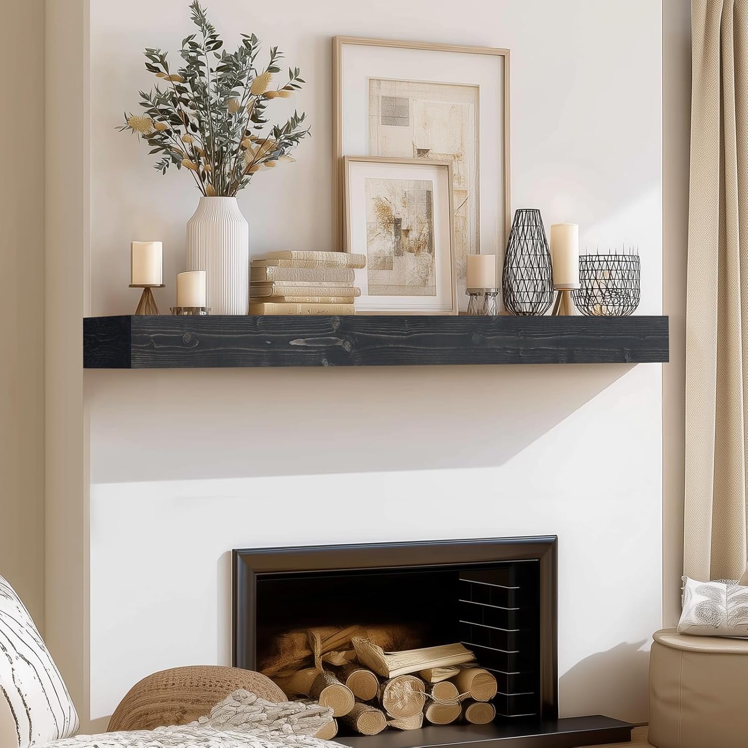 48x8x3 Fireplace Mantel - Handcrafted Hollow Rustic Solid Wood Wall Mounted Floating Shelf with Invisible Heavy Duty Wood Bracket (Weathered Black)