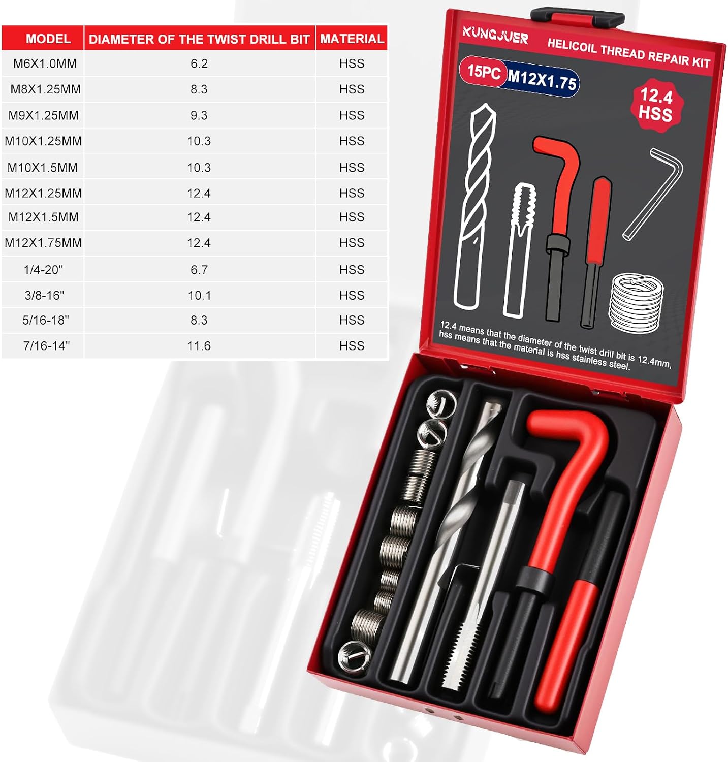 Metric Thread Repair Insert Kit, M12x1.75mm helicoil Thread Repair kit with HSS Drill Bits, Rethreading Inserts Tool Set for Damaged Thread Repairing with Carry Case