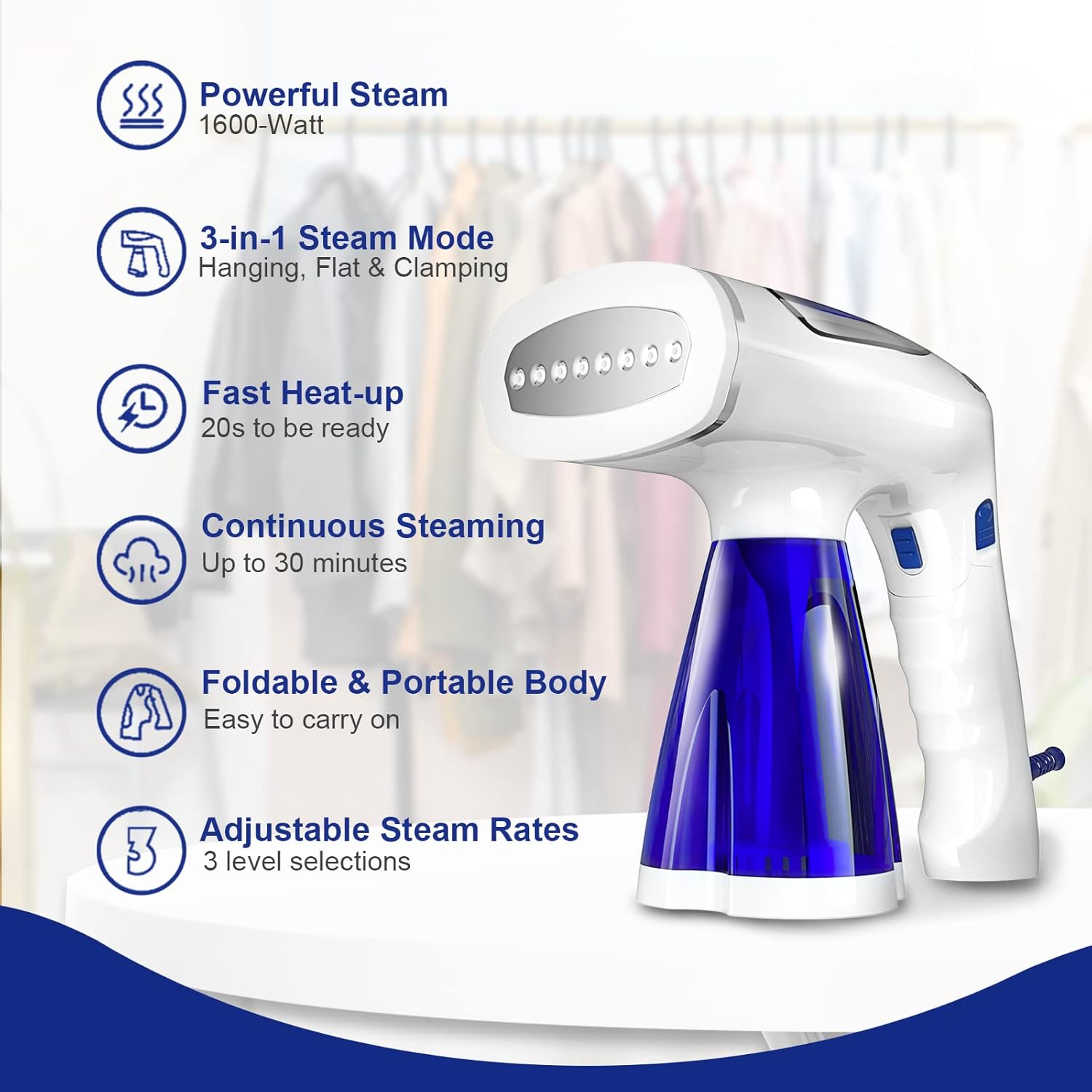 Steamer for Clothes, Tekola Travel Garment Steamer 1600 Watt with 3 Model Fabric Wrinkles Remover with 250ml Big Water Tank, Fast Heat-up Steam Iron for Clothes with 3 Brushes