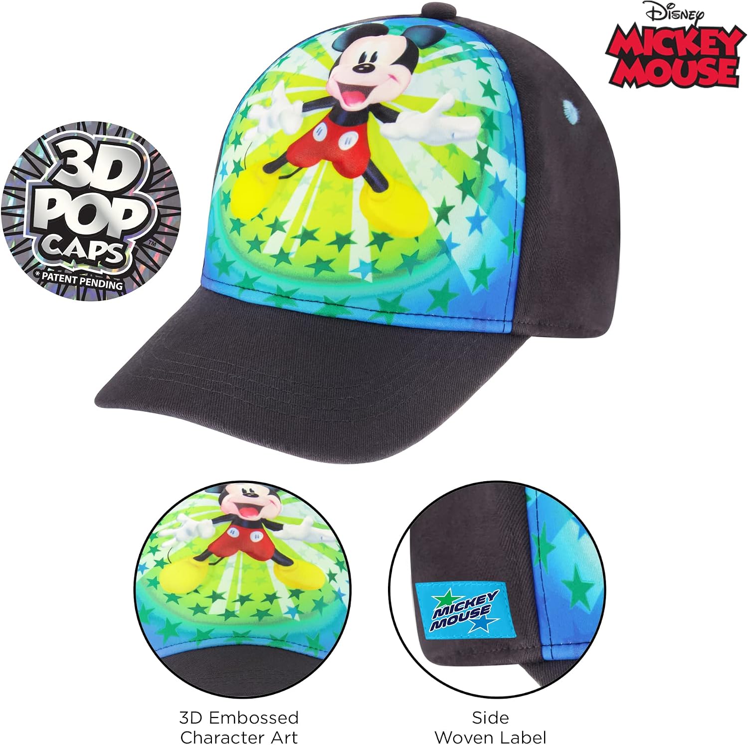 Disney Boys Baseball Cap, Mickey Mouse Adjustable Toddler Hat, Ages 2-4 Or Boy Hats for Kids Ages 4-7