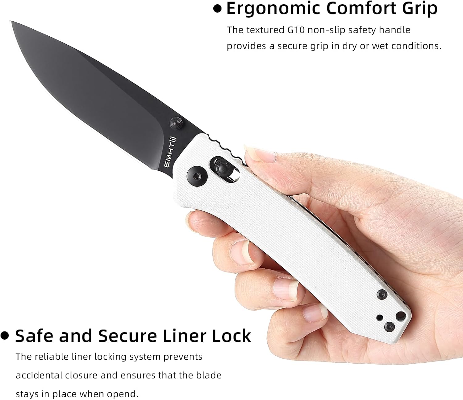 D2 Steel Folding Pocket Knife with Reversible Clip: 3.14" Black Drop Point Blade, Crossbar Axis Lock, G10 Handle Scales, Small EDC Knives Camping for Man Women, White