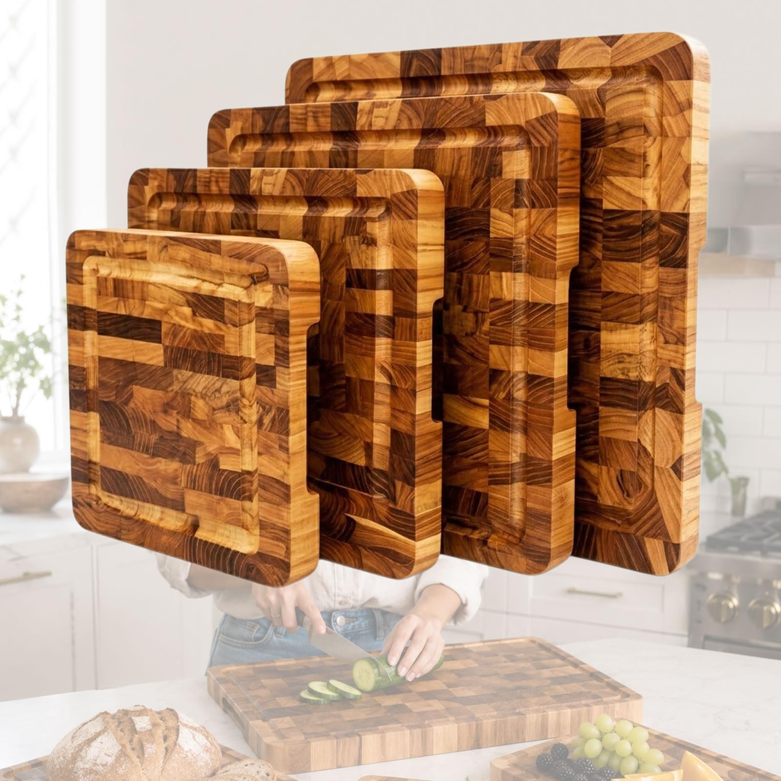 PSKJHN Chopping Board Set for Kitchens – Multi-Purpose Wooden Cutting Boards with Juice Grooves in Small, Medium, Large & X-Large Sizes, Ideal for Carving Meat, Vegetables, Cheese And Bread