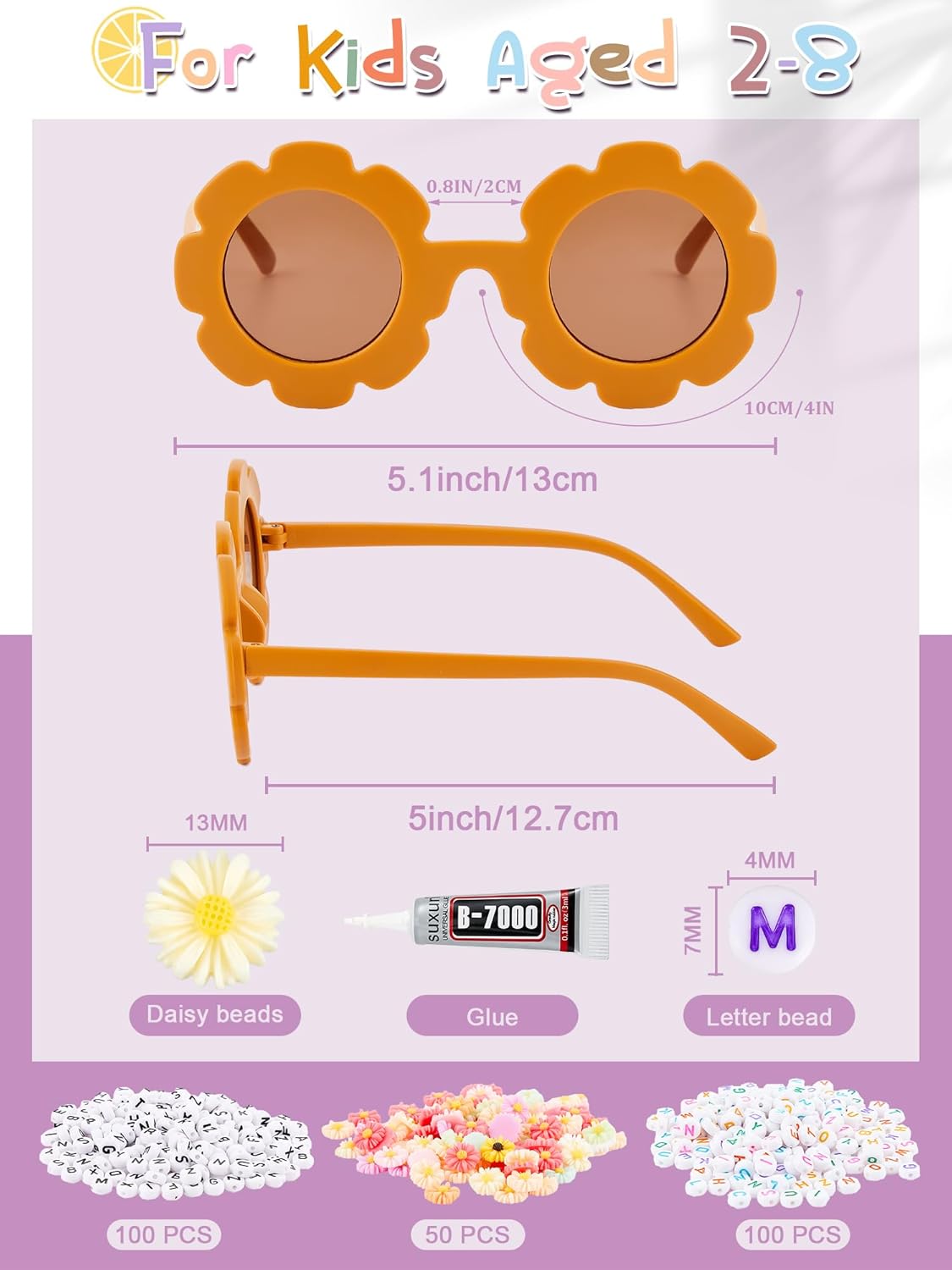 Dunzy 14 Pcs DIY Round Flower Sunglasses with 200 Random Letter Beads 50 Daisy Charms Glue for DIY Name, Mardi Gras Party - Image 2