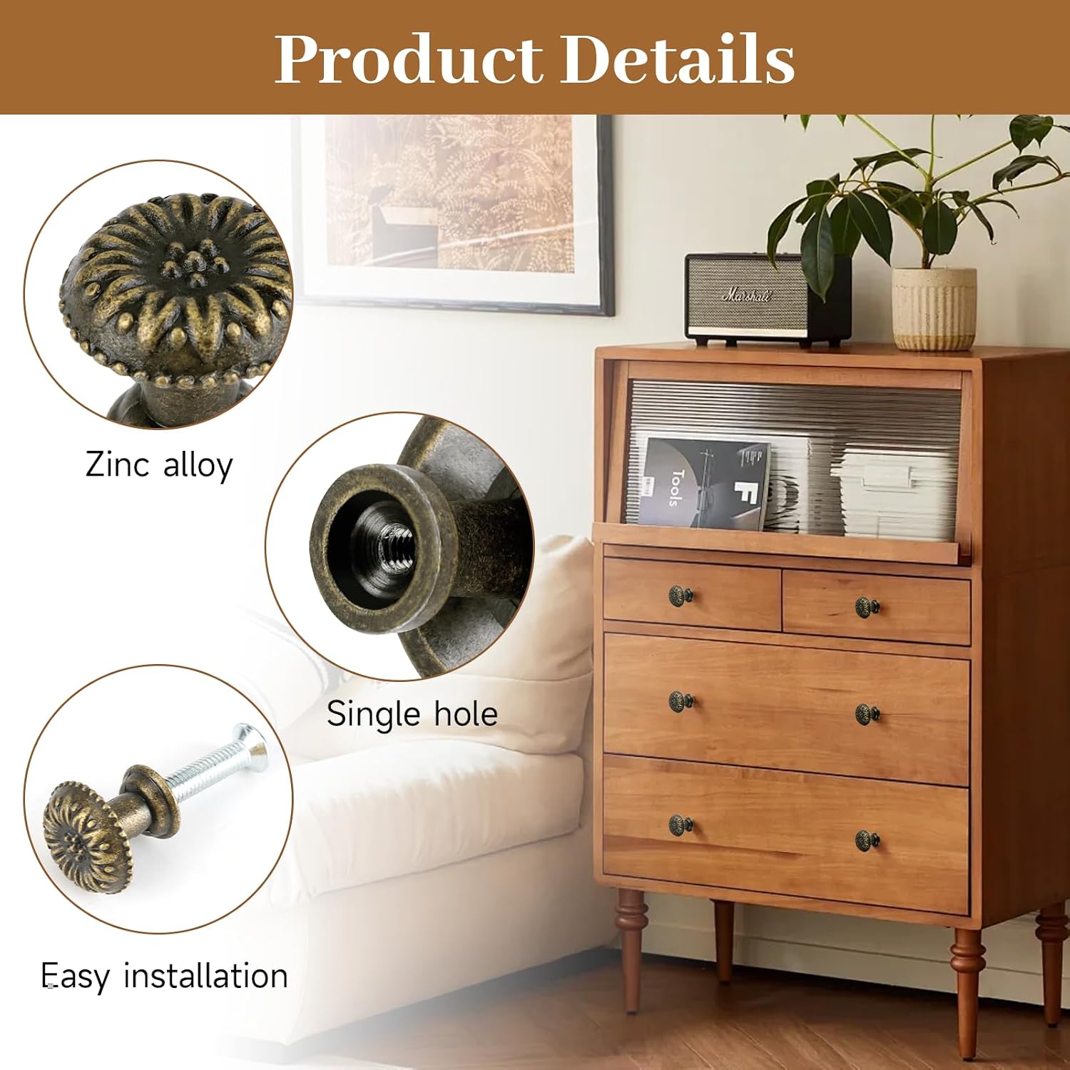 10 Pcs Mini Metal Jewelry Box Knobs, Antique Brass Cabinet Handles, Mini Round Flower Drawer Pulls, Decorative Vintage Hardware with Screws for Wooden Furniture (10 PCS)