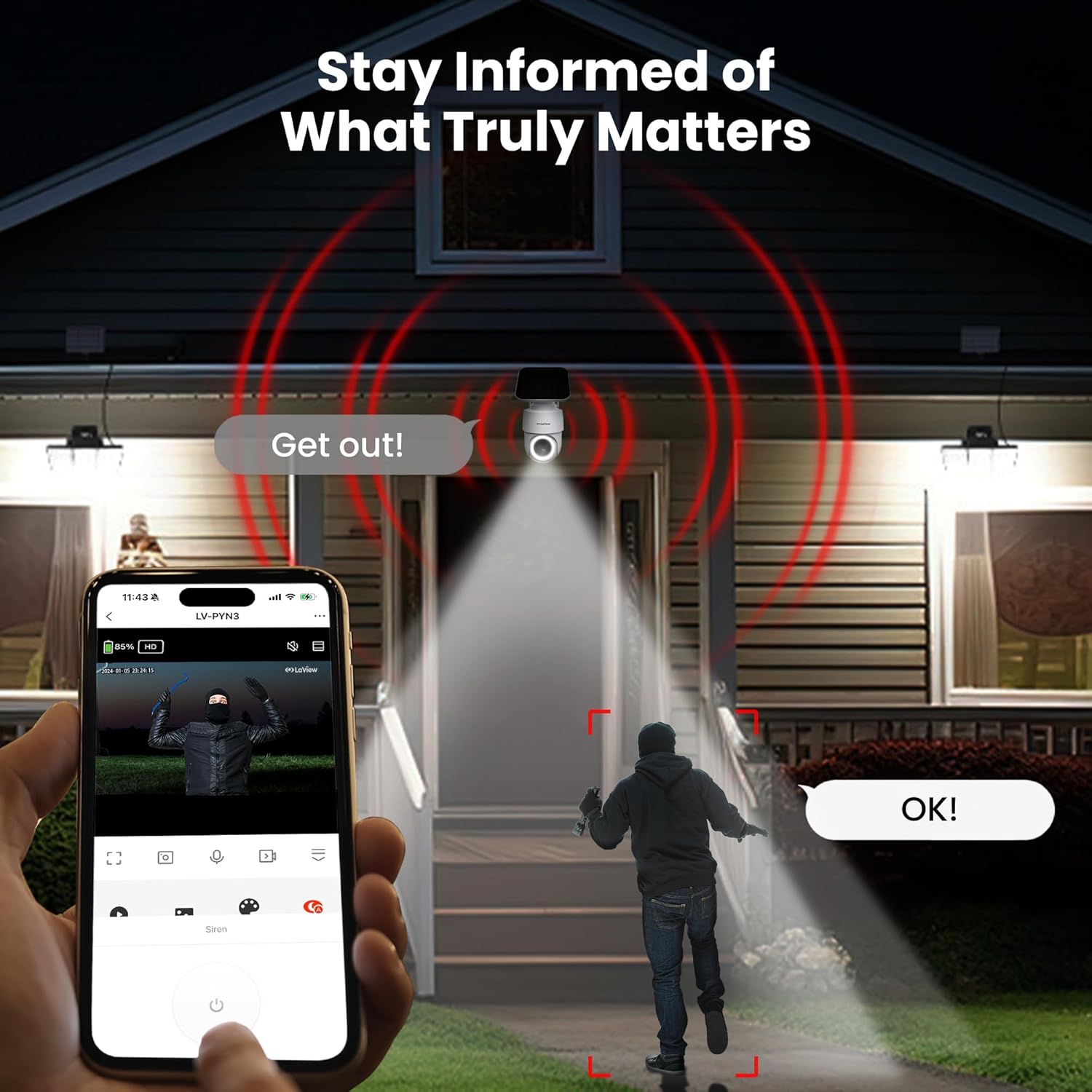 A LaView security camera illuminating a person on a porch with a spotlight, while a smartphone screen shows controls for two-way audio and siren activation.
