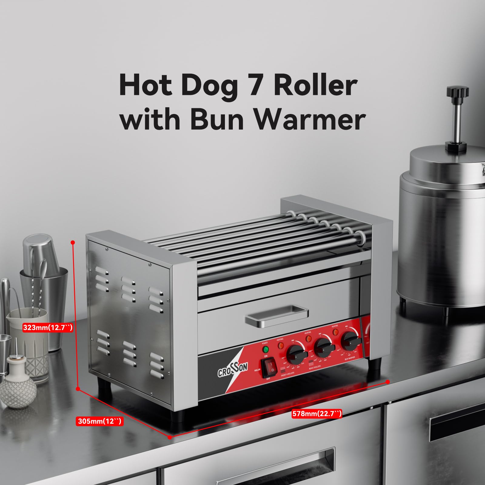 CROSSON Macchina Hot Dog Professionale 2 in 1,Rullo Elettrico per Hot Dog in Acciaio Inox 1350W con 7 Rulli,con Scalda Pane,Controllo Dual Temp