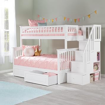 AFI, Columbia Staircase Bunk Bed Twin Over Full with Raised Panel Bed Drawers, White