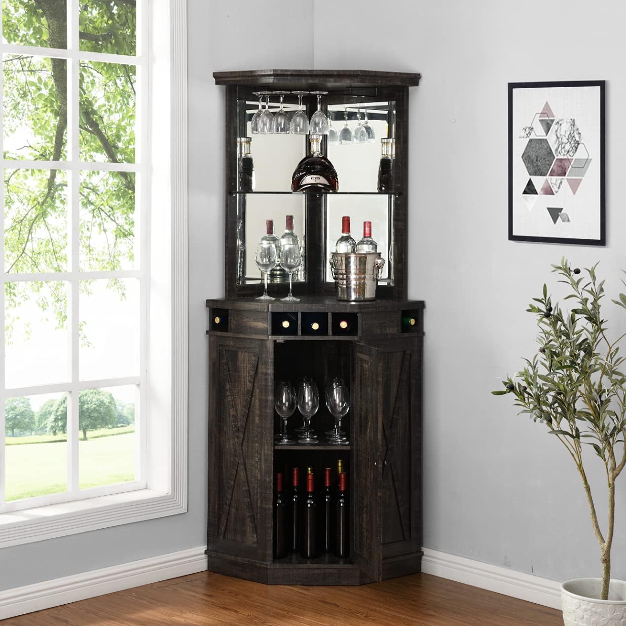 Charcoal Corner Bar Unit with Built-in Wine Rack and Lower Cabinet (Stone Grey)