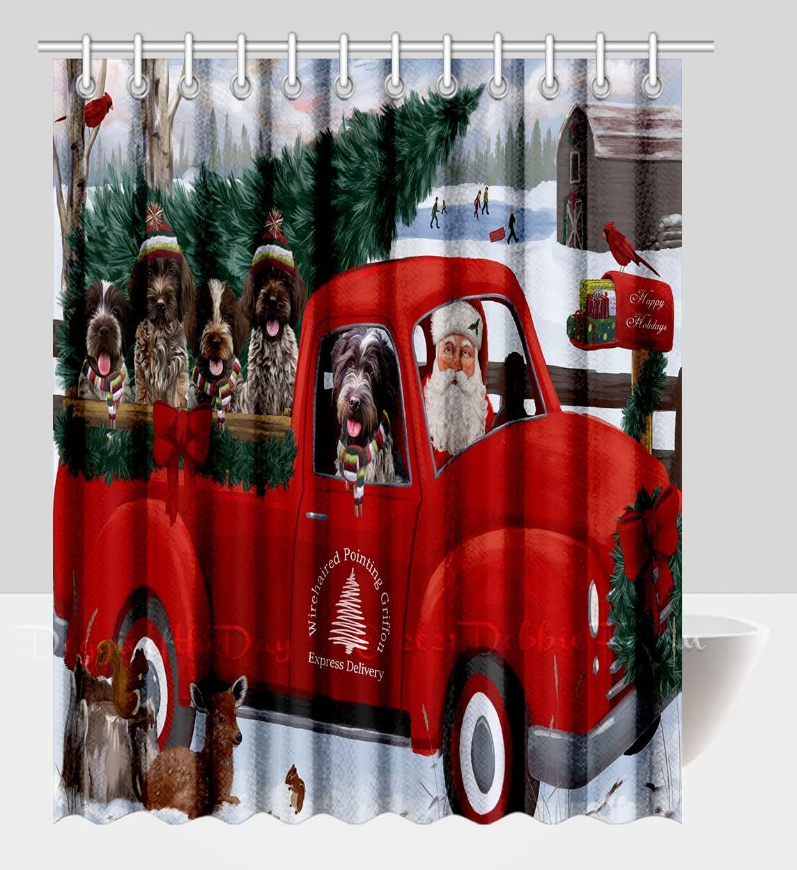Christmas Holiday Welcome Wirehaired Pointing Griffon Dog Shower Curtain - Polyester Waterproof Pet Bathtub Curtain One-Side Printing Decor Curtain for Bathroom with Hooks, 48"x72"