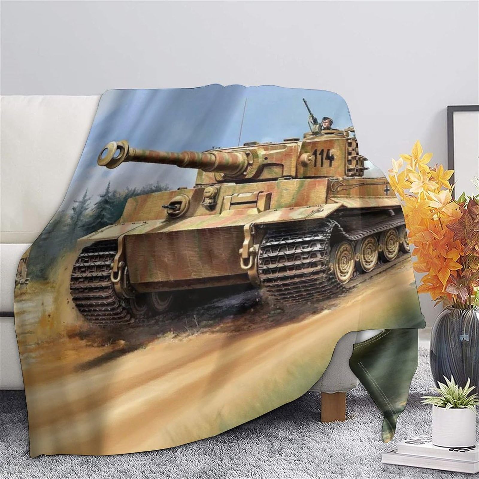Przytulny koc 150 x 200 cm, lekki koc flanelowy, czołg z II wojny światowej, na kanapę, ciepły tygrys, koc polarowy, jako narzuta na kanapę, do salonu, podwójny koc o szerokim zastosowaniu