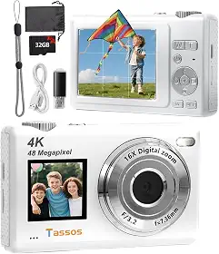 Câmera digital, câmera para vlogs, câmera fotográfica 48MP 4K - Câmera digital compacta com tela dupla, cartão de 32 GB, zoom digital de 16x e estabilizador de imagem para e iniciantes. (branco)