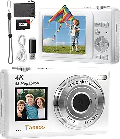 Câmera Digital, Câmera Fotográfica 48Mp 4K - Câmera Digital Compacta com Tela Dupla, Cartão de 32 Gb, Zoom Digital de 16X e Estabilizador de Imagem, Maquina Fotografica Compactas para Viagens (Branco)