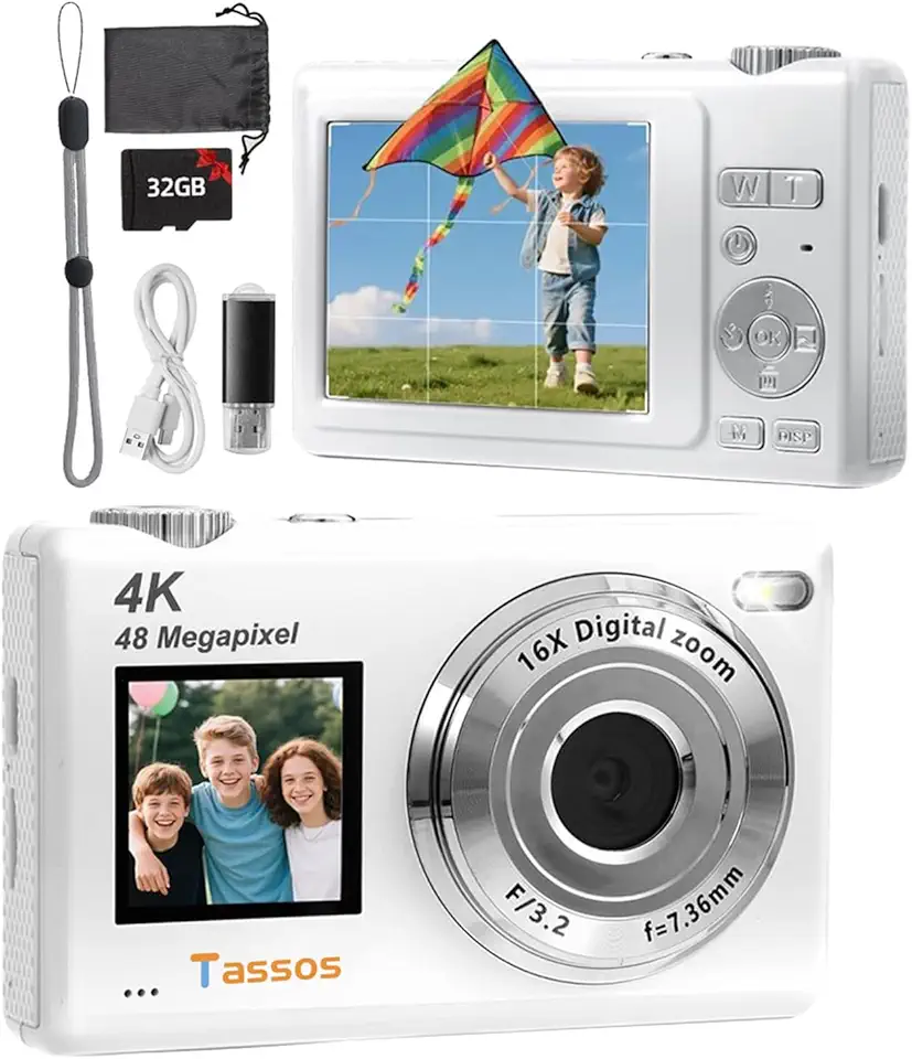 Câmera digital, câmera para vlogs, câmera fotográfica 48MP 4K - Câmera digital compacta com tela dupla, cartão de 32 GB, zoom digital de 16x e estabilizador de imagem para e iniciantes. (branco)