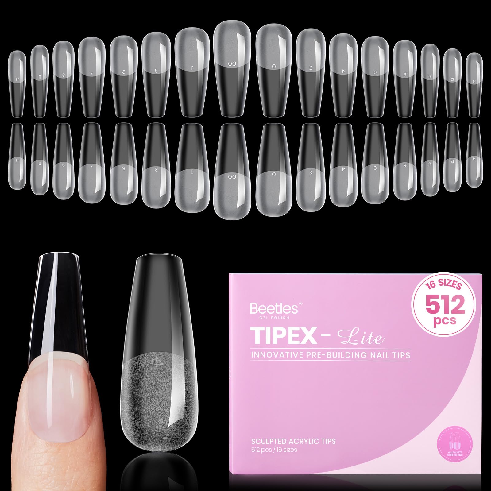 Beetles Gel Polish Beetles Tipex Lite Instant Nail Tips, Long Coffin, 512pcs 16 Sizes(00-14)