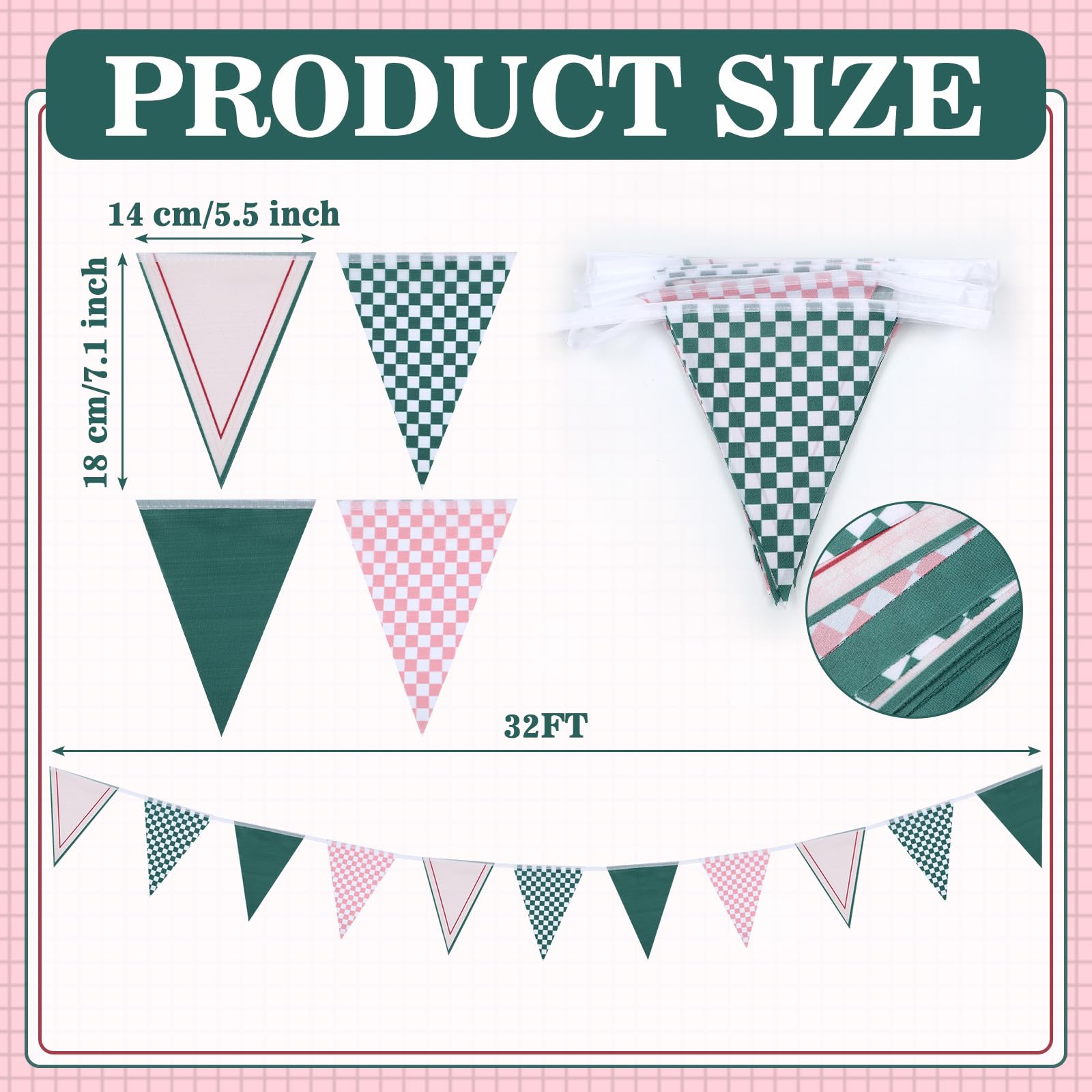 VitalCozy 9,8 m lange Wimpelkette für Hochzeit, Camp Braut, dreieckig, kariert, Gingham-Flagge, Wimpelkette, Stoffgirlande, vorbespannt, für Junggesellinnenabschied, Dekoration für Brautparty,