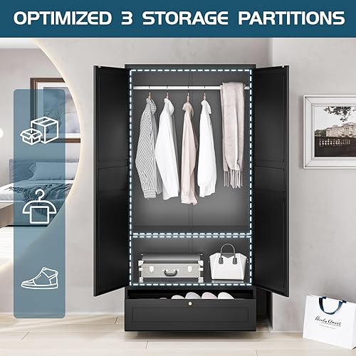 Miniatura 18 de MIIIKO Armario de almacenamiento de ropa de metal, armarios de acero con estantes y barra para colgar, armario de almacenamiento grande de 72 Blanco