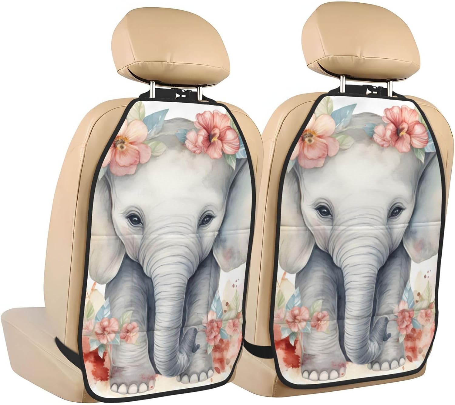 Car Seat Back Kick Protector 2 Pack 18.5x26.4 Inch, Watercolor Elephant Floral Anti-Kick Pad, Waterproof Oxford Fabric Large Rear Seat Cover for Kids Pets Fits SUV Jeep Truck Sedan