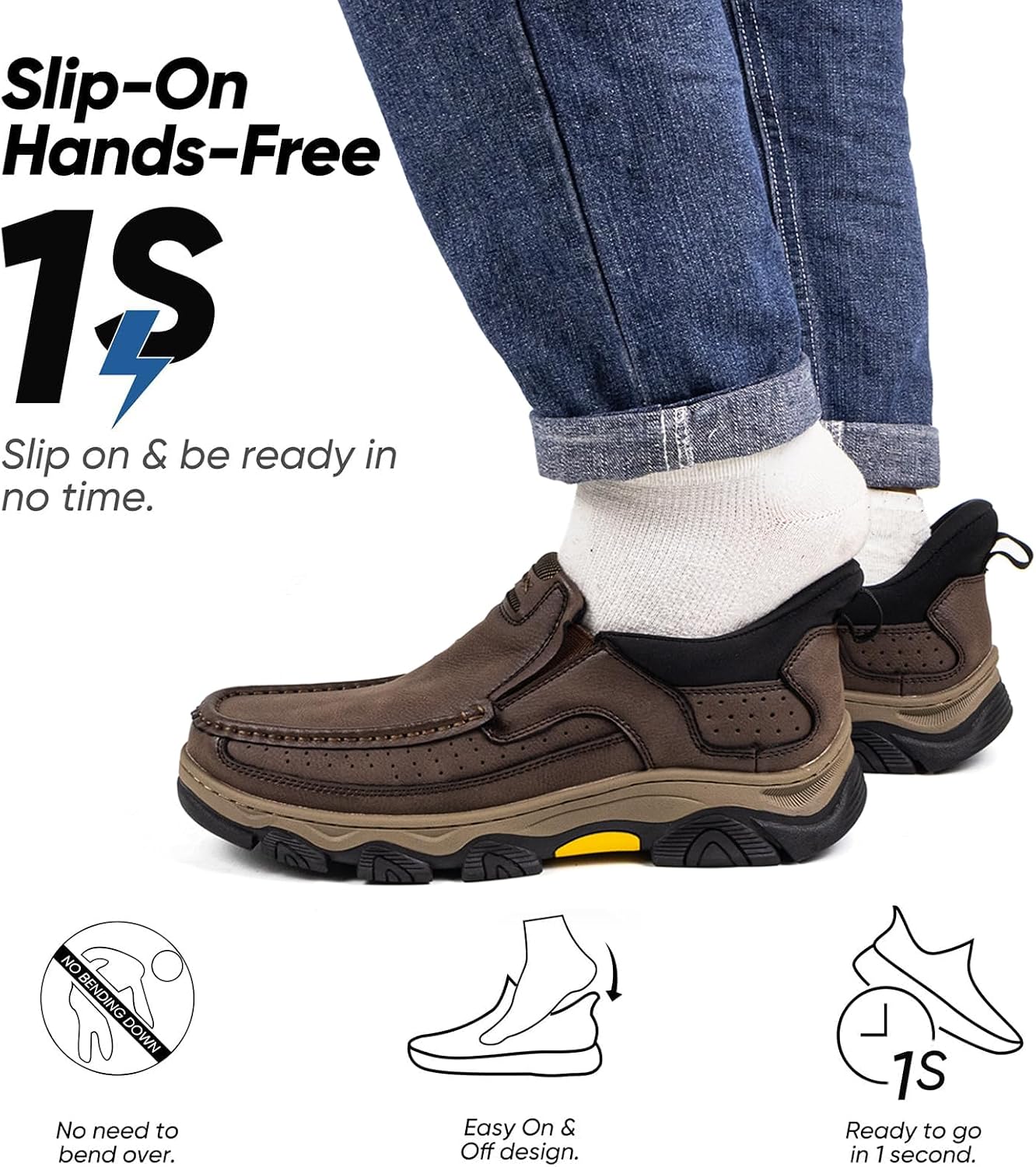 UPIShi Men's Hands Free Slip On Walking Leather Loafers Slip-ins Work Office Dress Casual Outdoor Lightweight Cushioning Shoes